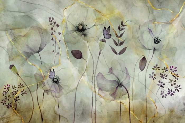 Papier peint  Coquelicots sauvages délicats avec décoration dorée