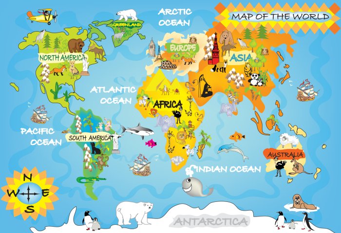 Papier peint  Mappemonde pour enfants avec continents et animaux