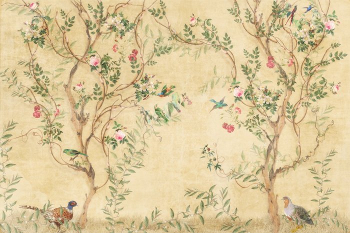 Papier peint  Oiseaux colorés et arbres en fleurs dans un décor printanier naturel