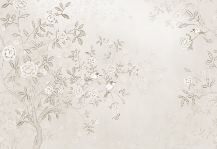 Papier peint  Oiseaux sur les branches d’arbres en fleurs en style vintage