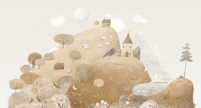 Papier peint  Paysage féerique animaux dans la prairie et maison sur la colline motif enfantin