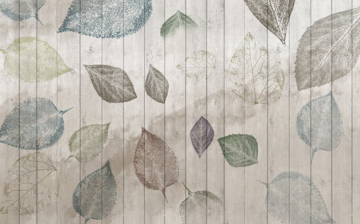 Papier peint  Feuilles sur fond de planches en bois style rustique