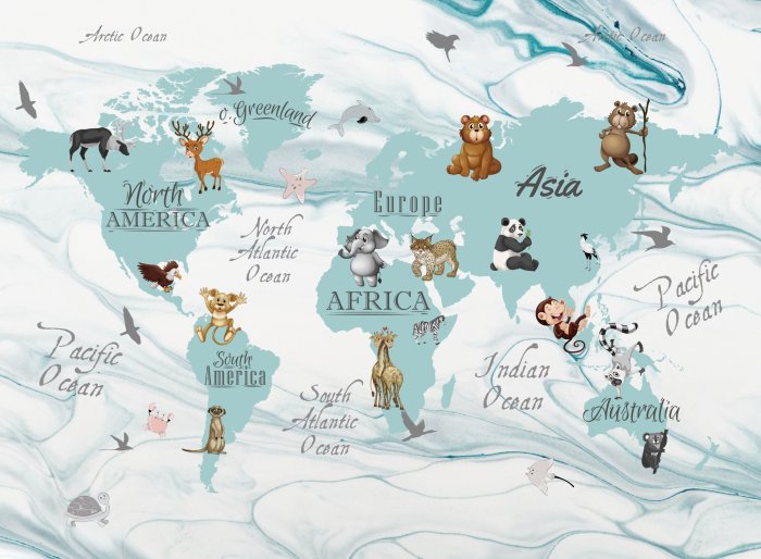 Papier peint  Animaux mignons sur les continents carte du monde pour enfants