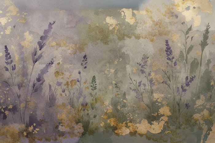 Papier peint  Champ de lavande avec ornements dorés