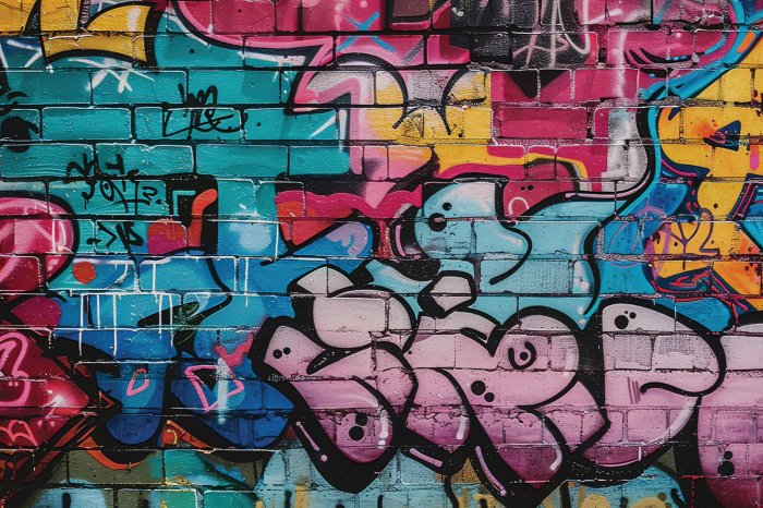 Papier peint  Graffiti colorés sur un mur de briques