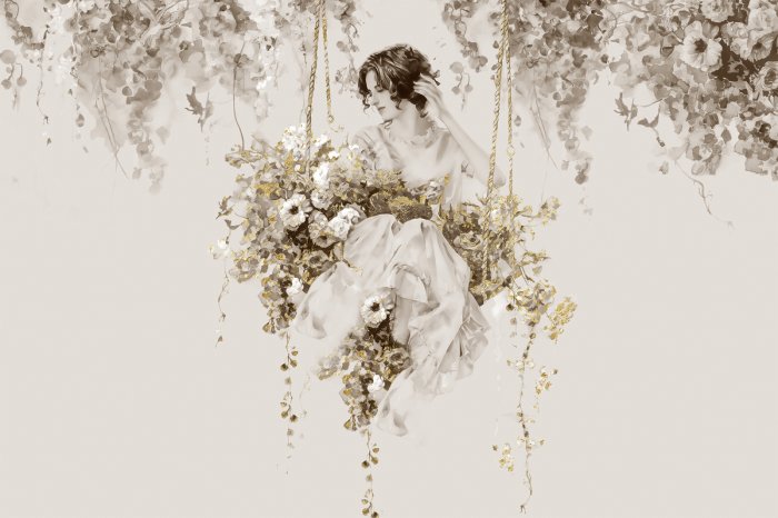 Papier peint  Femme sur une balançoire parmi les fleurs