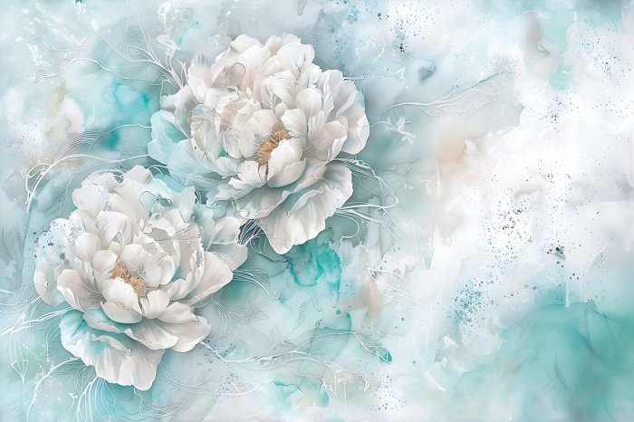 Papier peint  Pivoines blanches sur aquarelle bleue