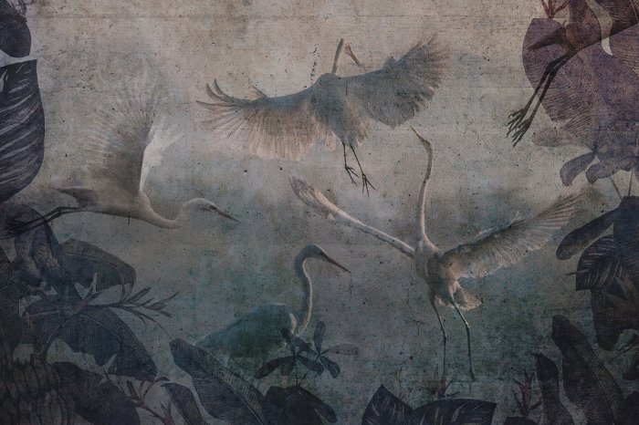 Papier peint  Grues volantes et feuilles tropicales motif sur texture béton