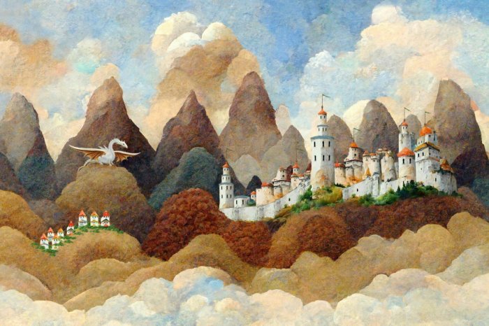 Papier peint  Château et dragon blanc - illustration de conte de fées