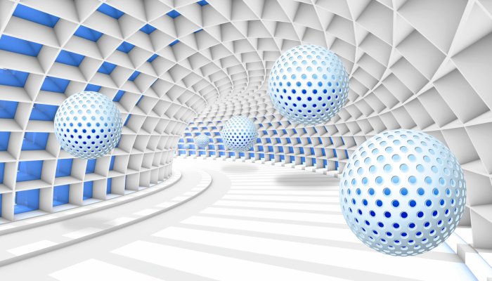 Papier peint  Tunnel futuriste avec sphères ajourées en 3D