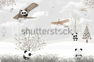 Papier peint  Adorables pandas volant dans une forêt hivernale