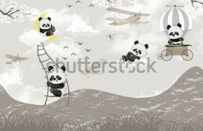 Papier peint  Pandas espiègles jouant dans les nuages