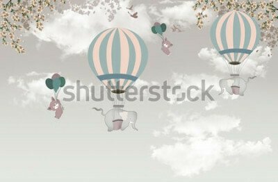 Papier peint  Des éléphants en montgolfière dans le ciel