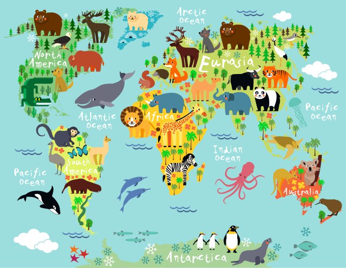 Papier peint  Animaux de bande dessinée sur les continents