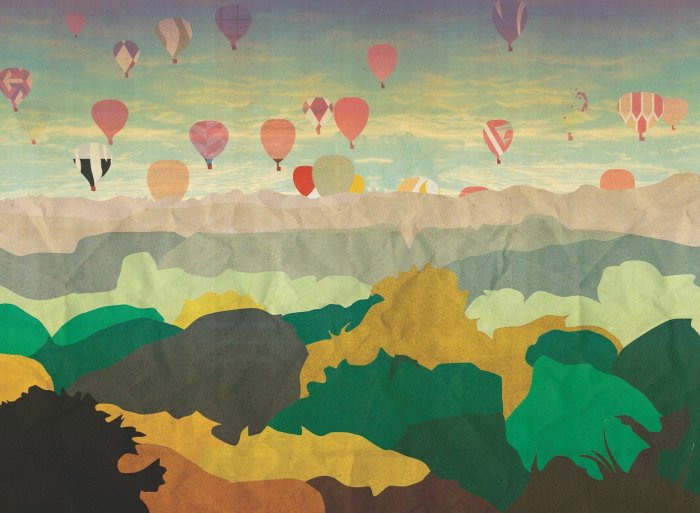 Papier peint  Illustration de ballons survolant une forêt et des montagnes
