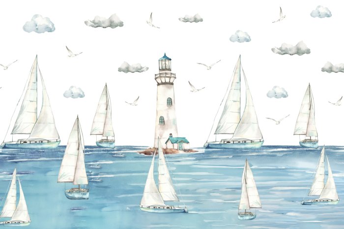 Papier peint  Navires à voile sur la mer avec un phare en arrière-plan
