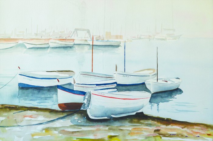 Papier peint  Motif peint avec des bateaux sur le rivage
