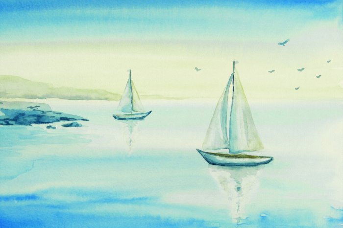 Papier peint  Voiliers sur un lac parmi les montagnes et les oiseaux