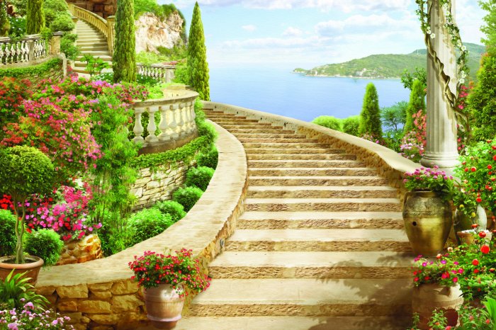 Papier peint  Escaliers anciens parmi les fleurs et les plantes