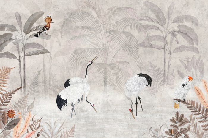 Papier peint  Paysage tropical avec des grues dans la jungle