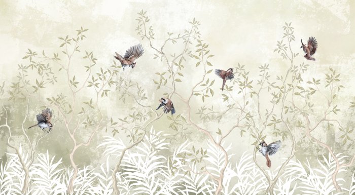 Papier peint  Oiseaux parmi les branches des arbres sur fond en béton vert