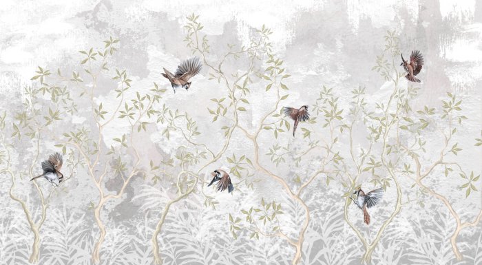 Papier peint  Oiseaux sur les branches des arbres, fond en béton