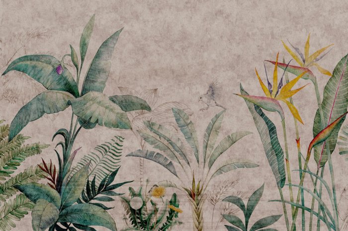 Papier peint  Plantes tropicales et oiseau, motif botanique sur fond en béton