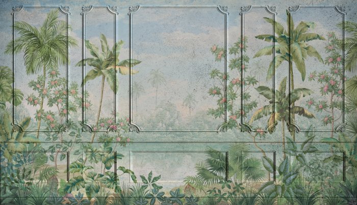 Papier peint  Paysage tropical avec des palmiers sur fond de stuc