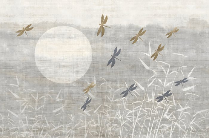 Papier peint  Libellules sur un Fond de Paysage Beige