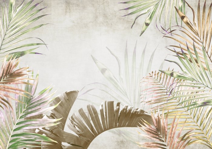 Papier peint  Grandes Feuilles Tropicales sur un Fond en Béton