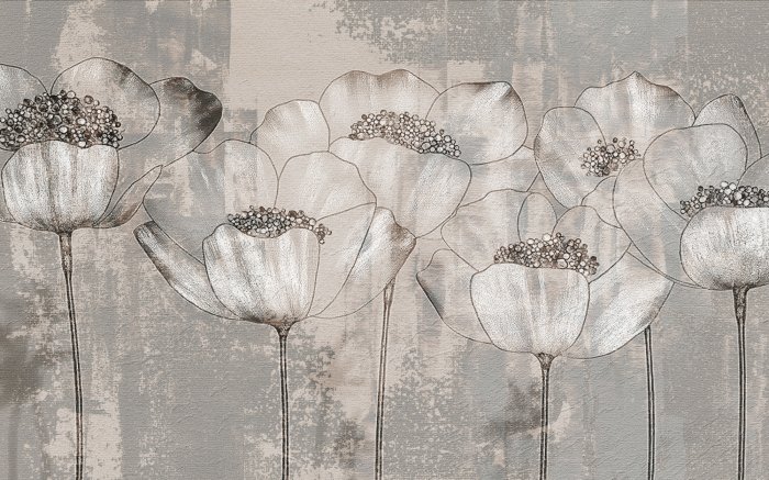 Papier peint  Coquelicots Blancs, Fleurs en Style Industriel