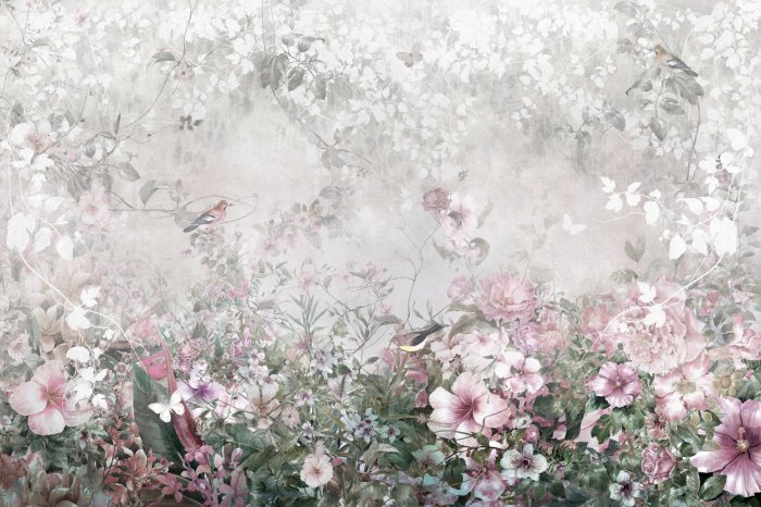 Papier peint  Fond florais fleurs pastel oiseaux et papillons