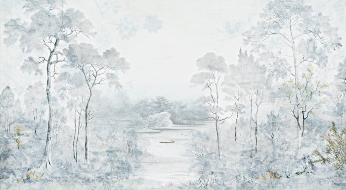 Papier peint  Paysage avec des Arbres et une Rivière, Nature en Tons de Bleu