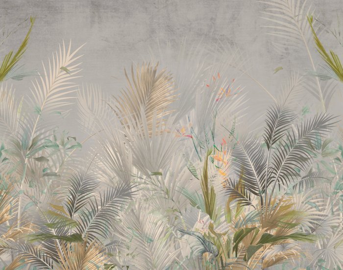Papier peint  Végétation Tropicale avec Feuilles de Palmier sur Fond Gris