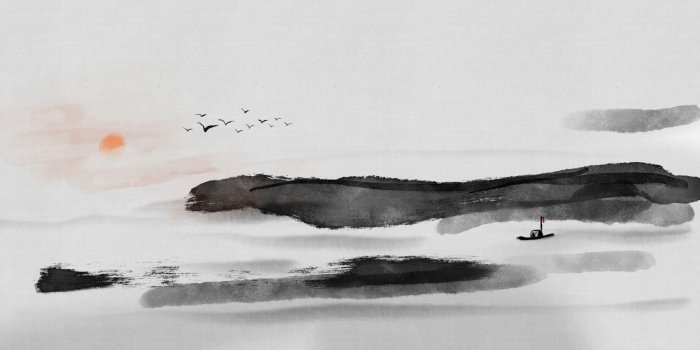 Papier peint  Paysage de Style Chinois avec Mer, Oiseaux et Coucher du Soleil