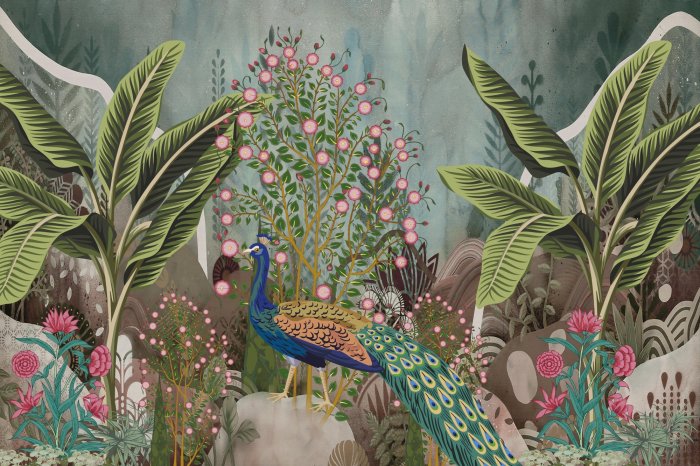 Papier peint  Paon Parmi les Plantes et Fleurs Tropicales