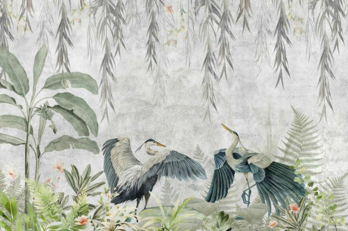 Papier peint  Plantes tropicales et hérons dans la jungle