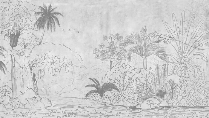 Papier peint  Tropical nature landscape, jungle with exotic tropical plants, flowers and leaves. Drawn jungle . Design for card, postcard, wallpaper, photo wallpaper, mural.
