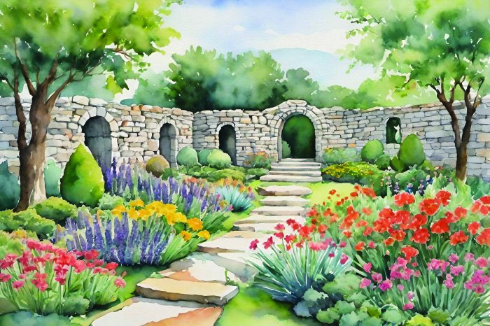 Papier peint  Paysage peint d'un jardin avec des fleurs colorées