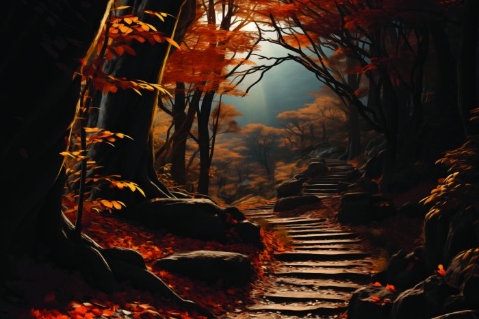 Papier peint  Paysage forestier d'automne avec escaliers