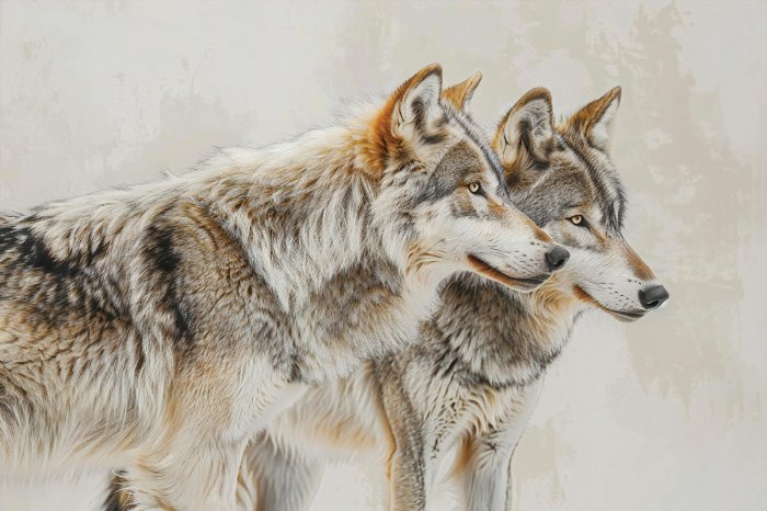 Papier peint  Couple de loups sur fond beige clair