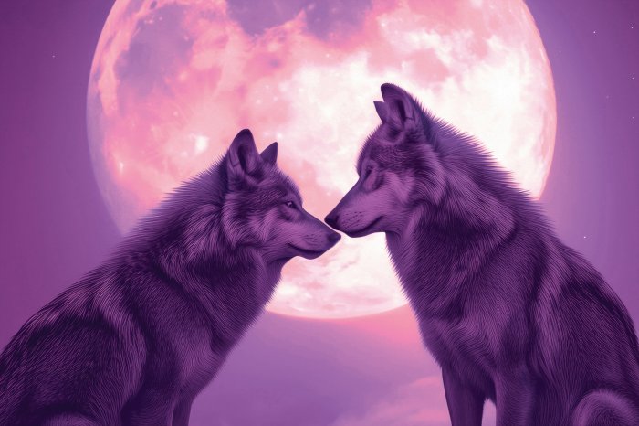Papier peint  Peinture romantique de loups sous la pleine lune
