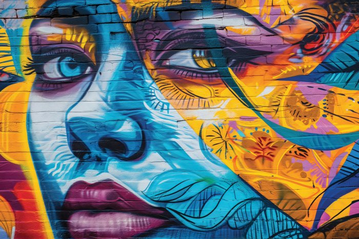 Papier peint  Visage de femme sur un mur de briques colorées