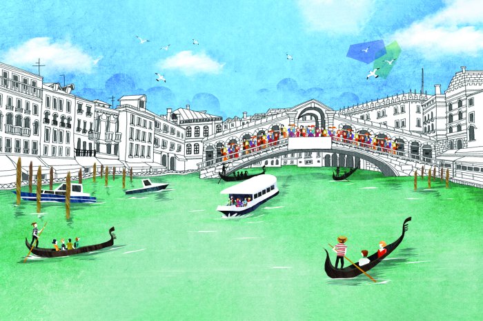 Papier peint  Pont du Rialto dessiné à la main avec des gondoles