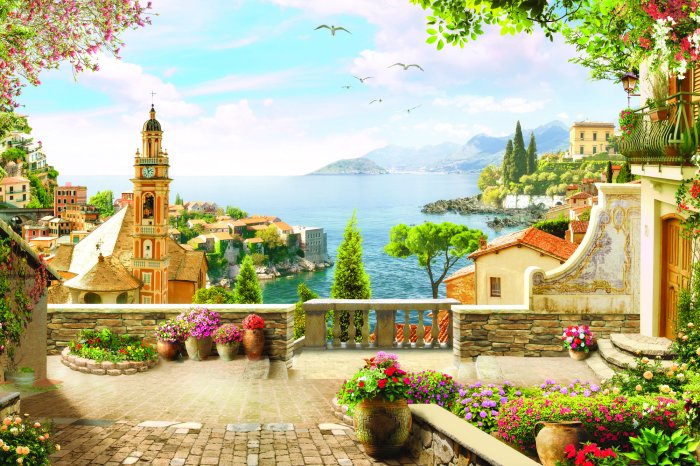 Papier peint  Paysage magique avec une église sur fond de mer et de montagnes