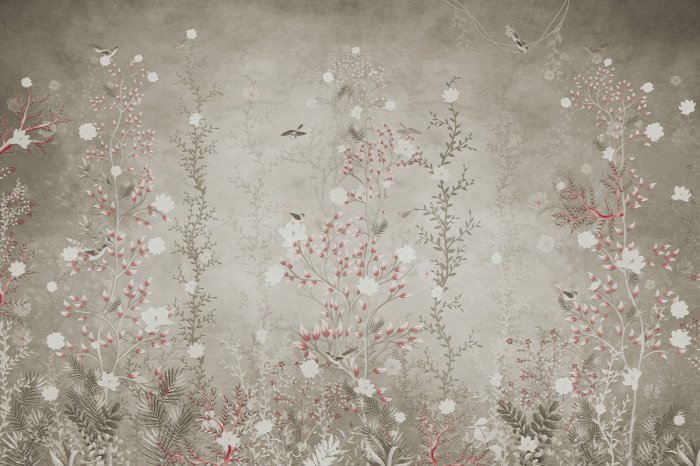 Papier peint  Végétation luxuriante dans la prairie avec des oiseaux