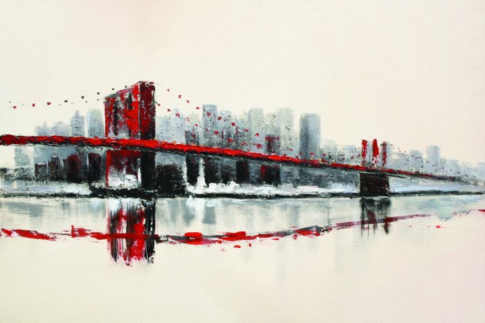 Papier peint  Pont rouge peint sur fond de ville