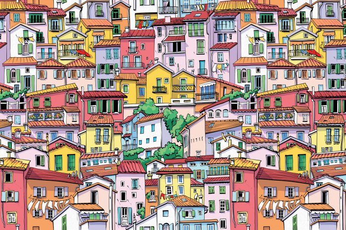 Papier peint  Paysage avec des maisons colorées