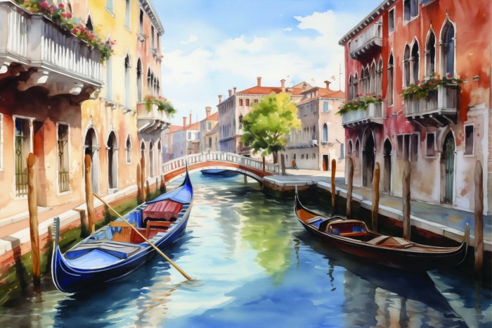 Papier peint  Peinture pittoresque de Venise avec des gondoles