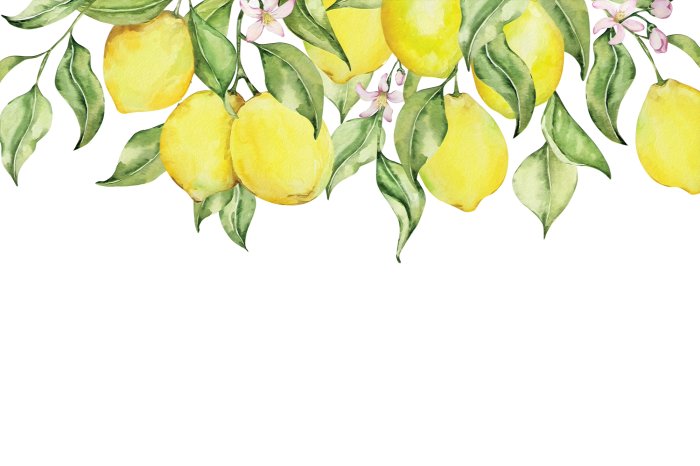 Papier peint  Citrons peints parmi les feuilles et les fleurs